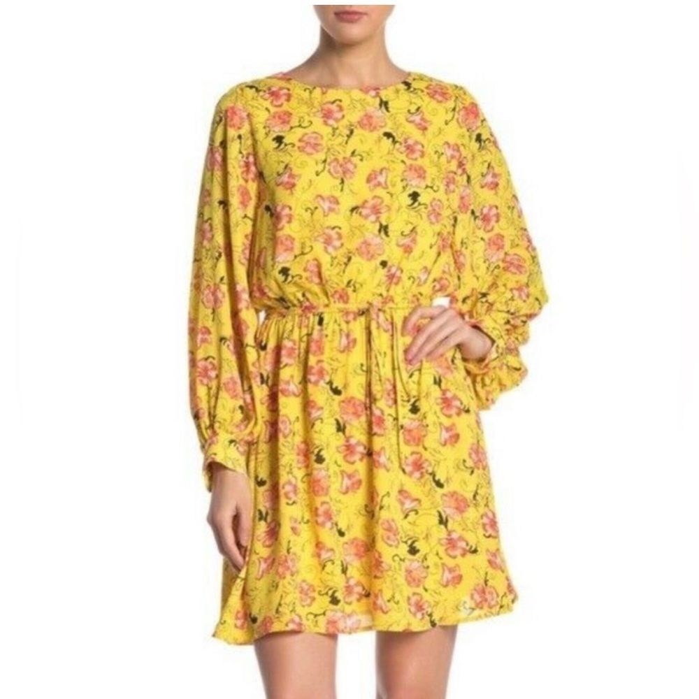 Halogen yellow garden party floral belted chiffon dress size XL